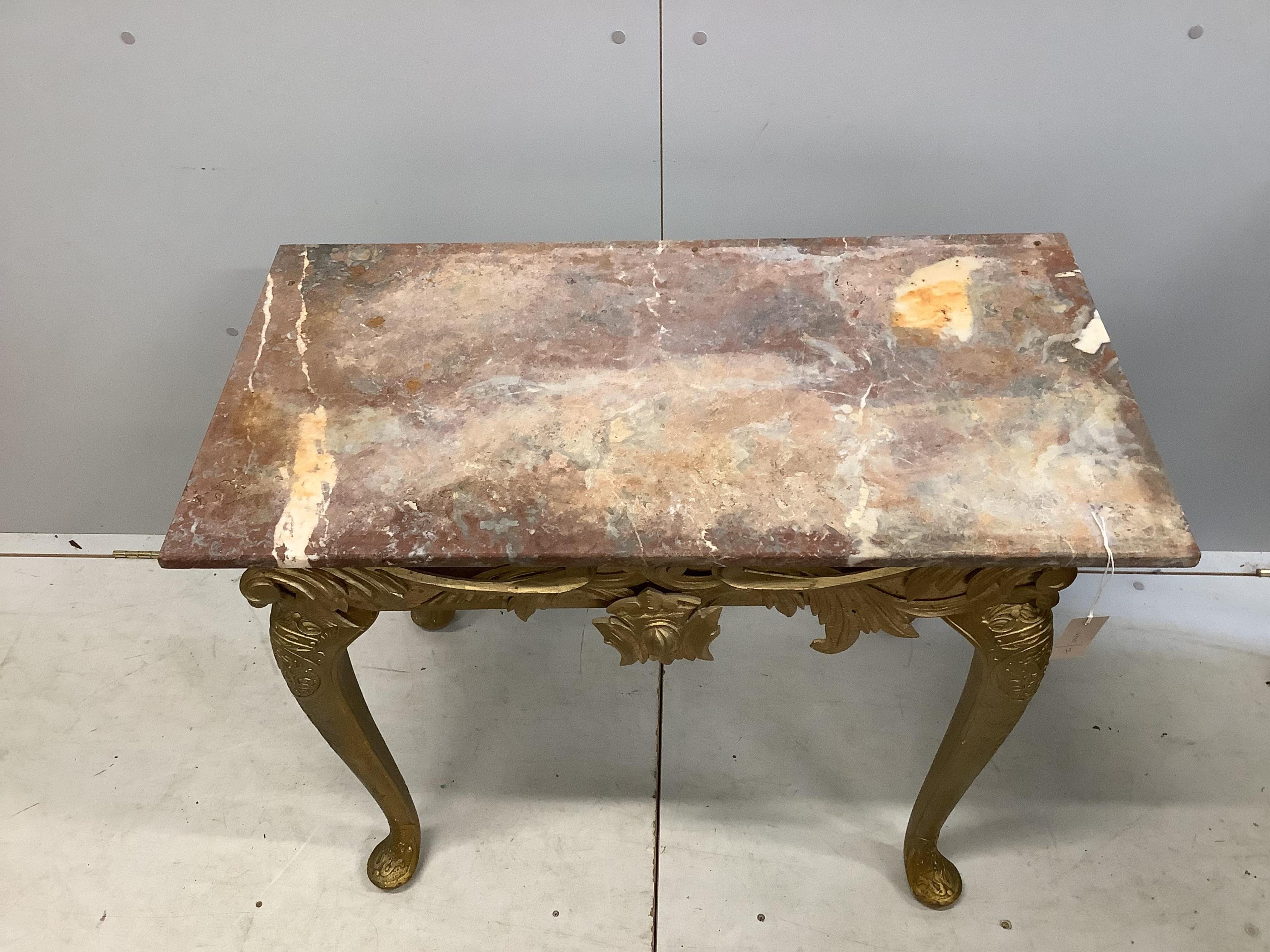 A George I style carved giltwood console table with associated marble top, width 92cm, depth 48cm, height 71cm. Condition - poor to fair
